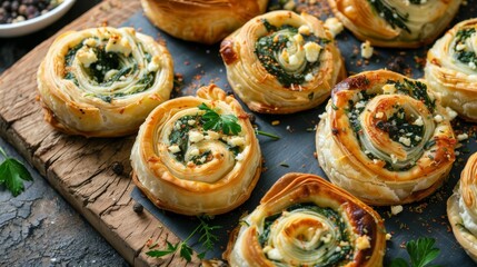 Puff pastry pinwheels filled with spinach and feta: Savory pastry rolls featuring a flavorful filling of spinach and creamy feta cheese, baked to golden perfection