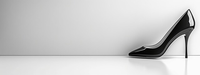  A black high-heel shoe atop a pristine white floor, adjacent to a blank white wall within a room