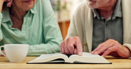 Home, hands and senior couple with bible, religion and communication for scripture, teaching and guidance. Closeup, mature man and old woman with holy book, spiritual bonding and faith with belief