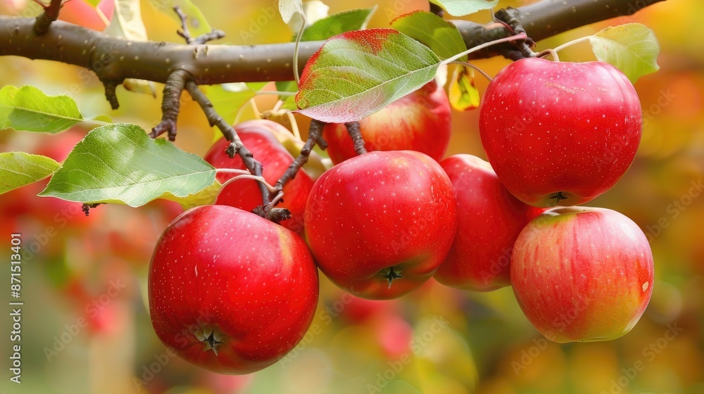 Poster ready to pick red apples on a tree branch in autumn