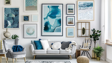 A gallery wall filled with an array of eclectic frames, each showcasing a unique abstract art piece.