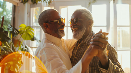 A black elderly homosexual couple is dancing in the hall of the house. Two happy old gray-haired men in love smile at each other. The scene is cheerful and positive