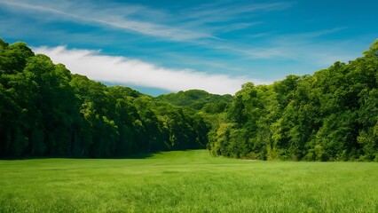 Obraz premium Serene Nature Background with Lush Green Forests and Clear Blue Sky