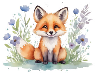 Cartoon cute little fox of happiness with flowers. clipart Vector illustration, isolated transparent background.