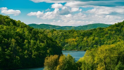 Obraz premium Serene Nature Background with Lush Green Forests and Clear Blue Sky