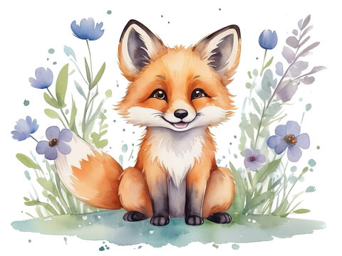 recommend clip art: Cartoon cute little fox of happiness with flowers. clipart Vector illustration, isolated transparent background.