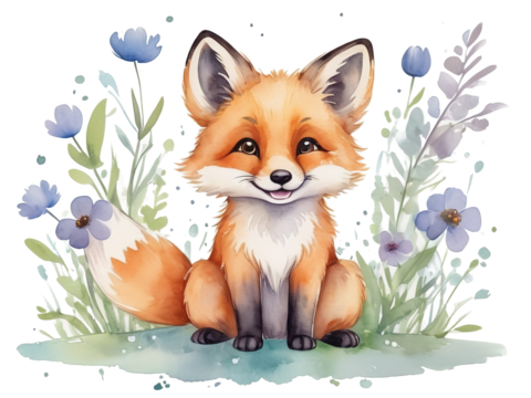 Cartoon cute little fox of happiness with flowers. clipart Vector illustration, isolated transparent background.