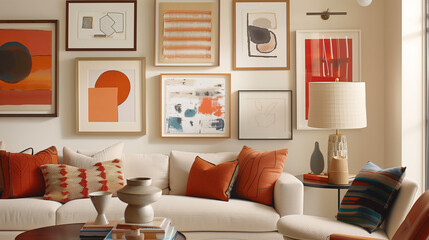 A gallery wall filled with an array of eclectic frames, each showcasing a unique abstract art piece.