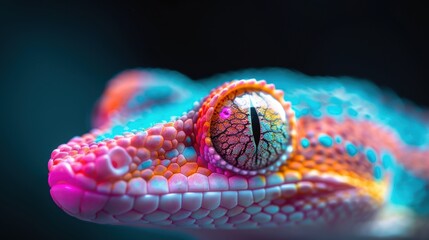 Detailed close-ups of neon-lit reptiles and amphibians, capturing the luminous glow of their skins and scales under colorful lights, emphasizing their exotic and mesmerizing qualities.