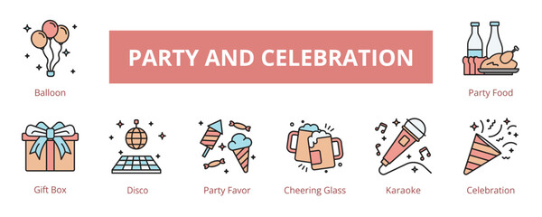 Naklejka premium Party and Celebration Lineal Color Banner Web Icon Set Vector Illustration, Balloon Gift Box Disco Party Favor Cheering Glass Karaoke Celebration Party Food