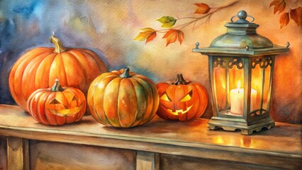 Obraz premium Vibrant orange pumpkins and intricately designed lanterns adorn a sleek modern console table, evoking a warm and inviting Halloween ambiance.