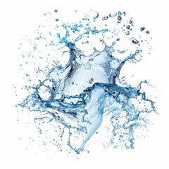  Water splashes against a pristine white backdrop; a solitary droplet breaks free, cascading upward from the surface