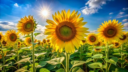 Obraz premium Vibrant yellow sunflowers standing tall in a lush green field, petals shining bright under a clear blue summer sky.