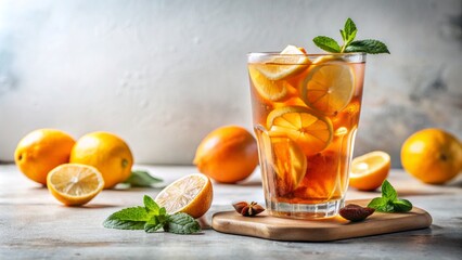 Fototapeta premium Freshly brewed citrus-infused cold tea served over ice in a stylish transparent glass on a clean white background.