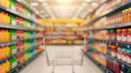 Fototapeta premium Abstract blur of supermarket shelves filled with a variety of commodity products.
