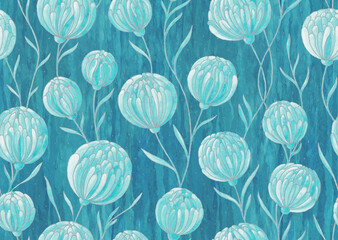 Teal turquoise  floral seamless pattern. Watercolor painting blue green flowers and leaves with silver contours on textured  background. Template for design, textile, wallpaper, bedding, ceramics.