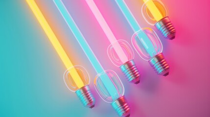 Close-up of neon light bulbs glowing intensely, their vivid colors blending harmoniously in a dark environment, showcasing the allure and impact of modern neon lighting.