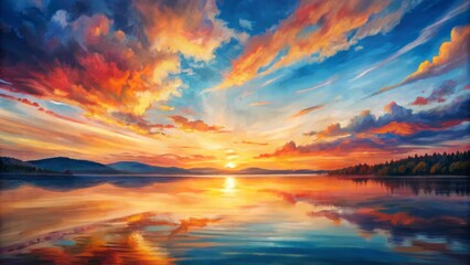 Fototapeta premium Vibrant sunset radiates warm hues above tranquil lake, kaleidoscope of colors dancing on rippled water's glassy surface, serene natural masterpiece.