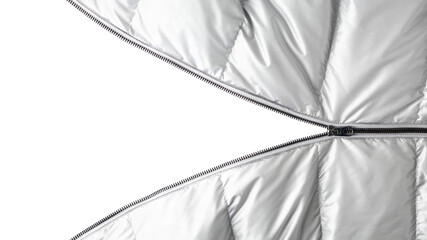 Open dark grey metal zipper on silver color winter down jacket isolated  on white background with copy space. © BarTa