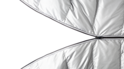 Open dark grey metal zipper on silver color winter down jacket isolated  on white background with copy space.