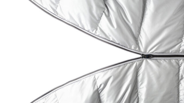 Open dark grey metal zipper on silver color winter down jacket isolated  on white background with copy space.