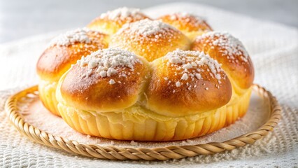 Fototapeta premium Delicate, intricately designed brazilian sweet bread pastry, sugary topping, golden crust, soft lighting, elegant white background, serene atmosphere.
