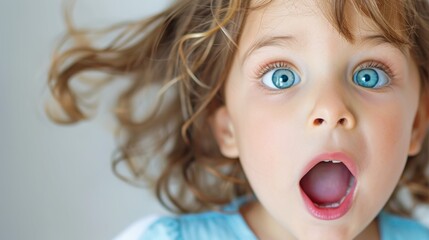 Portrait of Astonished Girl with Raised Eyebrows and Open Mouth in Soft Focus Background with Copy Space on Top, Eyes with Catch Light
