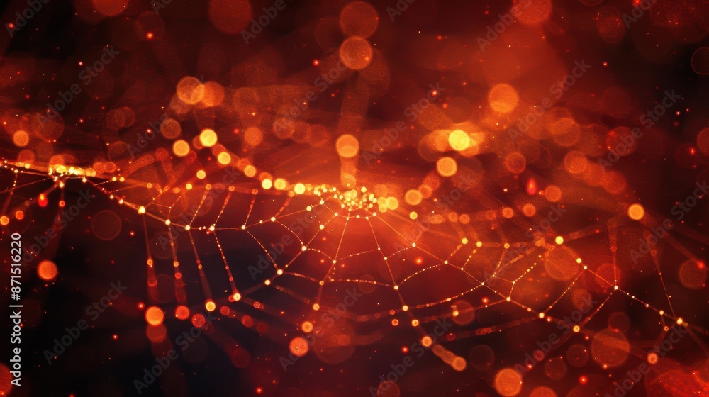 Aufkleber a close-up of a spider web illuminated with golden light, set against a dark background with bokeh l