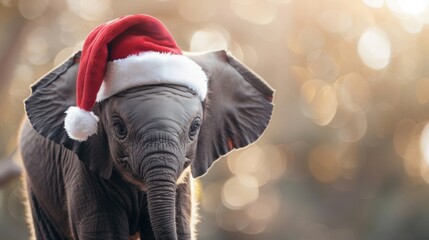 Adorable baby elephant with a Santa hat, radiating festive cheer against a blurred, golden bokeh background.