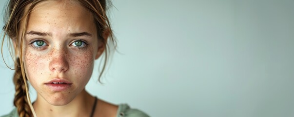 Portrait of a Disappointed Girl with Downturned Mouth in Muted Colors, Copy Space on Right