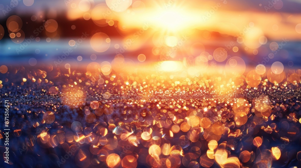Poster a mesmerizing view of a sunset at the beach, with sparkling sand and a bokeh effect creating a magic