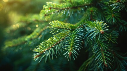 A detailed close-up of green pine needles with morning dew, capturing the natural beauty and freshness of the foliage.