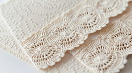Cream colored scalloped crochet design on white fiber paper stationery