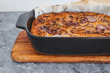 homemade Italian focaccia with onion topping