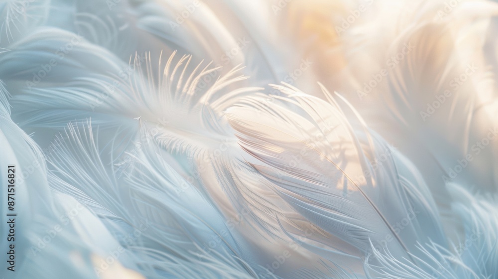 Poster close-up of delicate white feathers illuminated by soft light, creating a dreamy and ethereal scene.