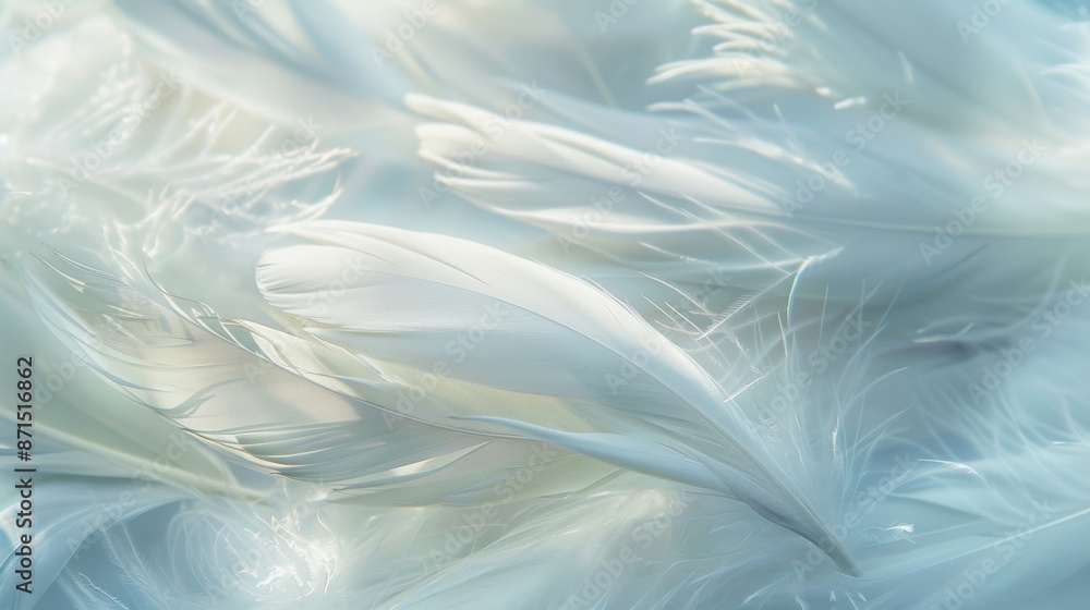 Poster close-up of soft white feathers, showcasing their delicate texture and gentle curves in a serene and