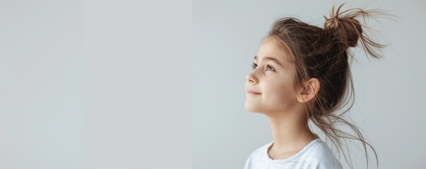 Serene Girl Exhaling with Relief in High Key Lighting, Copy Space on Left