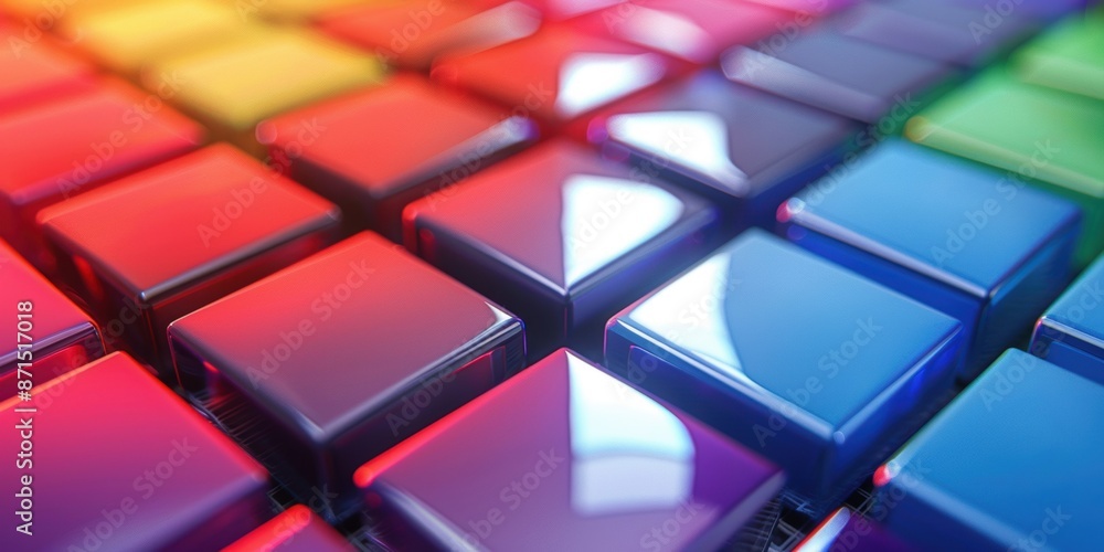 Poster close-up of colorful glossy square tiles arranged in a grid pattern, showcasing vibrant hues and a s
