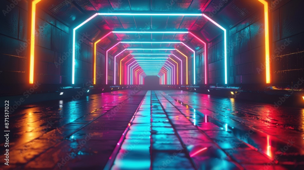 Poster a futuristic tunnel illuminated with neon lights in various colors, creating a vibrant and modern at