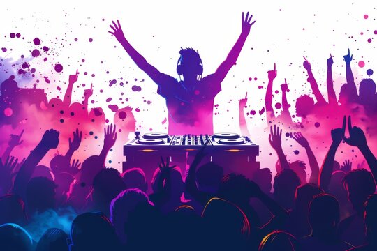 DJ with arms raised performing at a music festival showcasing excitement and energy in a vibrant setting