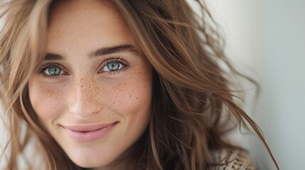 Fototapeta premium Serene Beauty - Hyper Realistic Portrait of a Girl Exuding Contentment in Soft Light with Copy Space Below