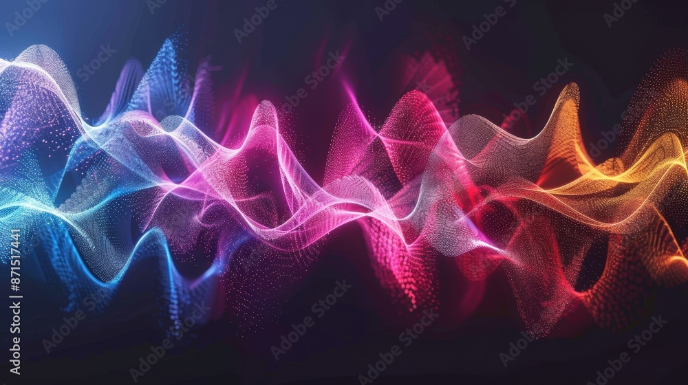 Poster dynamic, colorful waves of light on a dark background, creating a vibrant, abstract visual effect wi