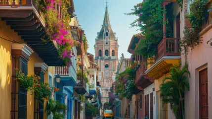Obraz premium Charming street with colorful buildings, balconies with flowers, and a prominent clock tower in the background.