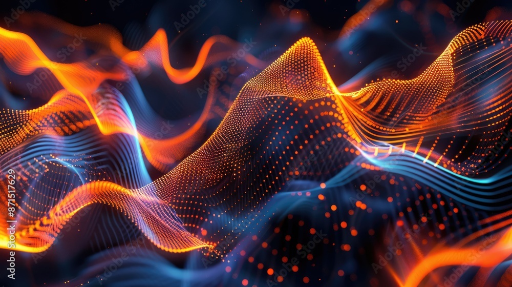 Poster a vibrant display of undulating neon waves in shades of red and blue, creating a mesmerizing effect.