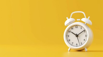 Vintage white alarm clock ringing at 7 00 am on yellow background