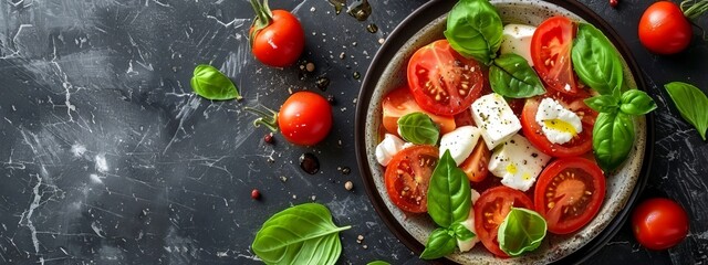  A plate of tomatoes, mozzarella, and basil on a black stone surface, surrounded by basil leaves