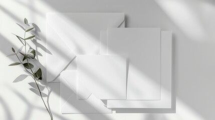 White wedding stationery mockups with light refraction effect on gray background for various cards