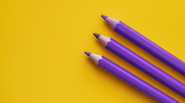 Purple writing utensils on yellow backdrop Workspace idea for office or school Horizontal layout