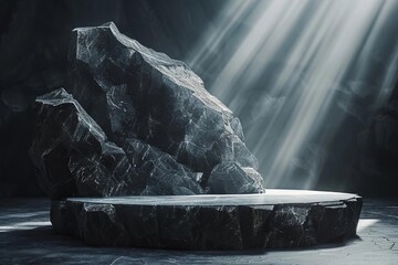 Crystal podium A dark podium constructed from a large, dark crystal, with light refracting through its facets