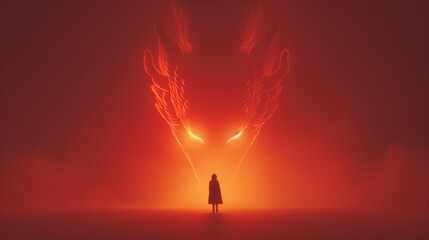 Illustration of a person facing a giant fire dragon in a red sky.